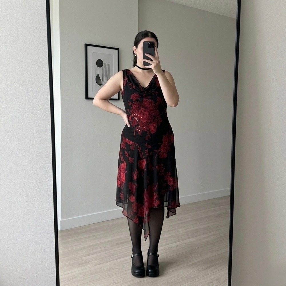 VTG Connected Red Black Floral Sequin Cowl Nck Dress XL Dark Romantic Whimsigoth